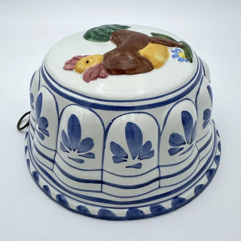 Vtg ABC Bassano Italy Rooster Ceramic Mold Hand Painted Wall Hanging Blue White